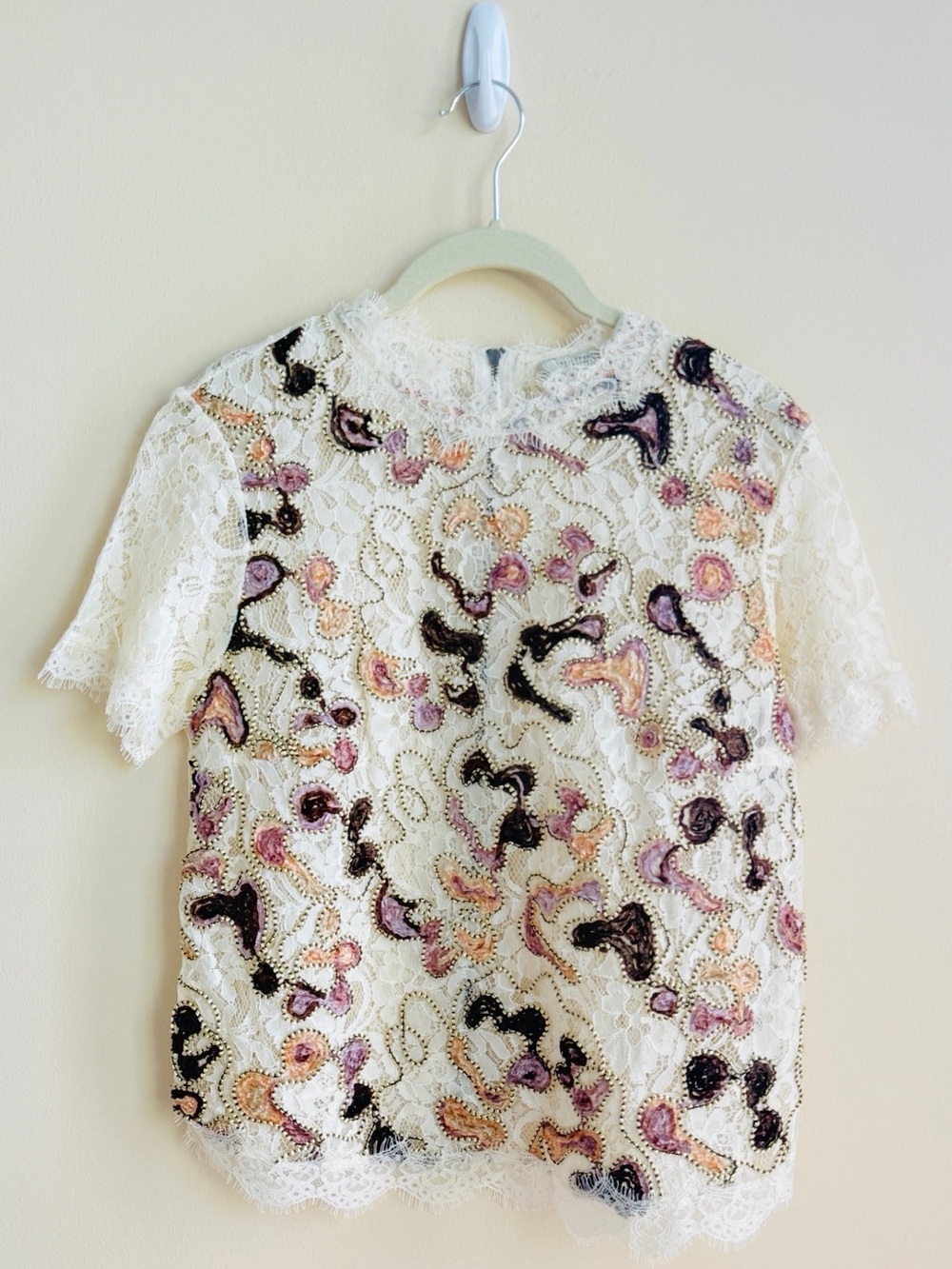 ⁠Zara Cream Floral Lace Blouse Short Sleeve Multicolor Embroidered Top⁠